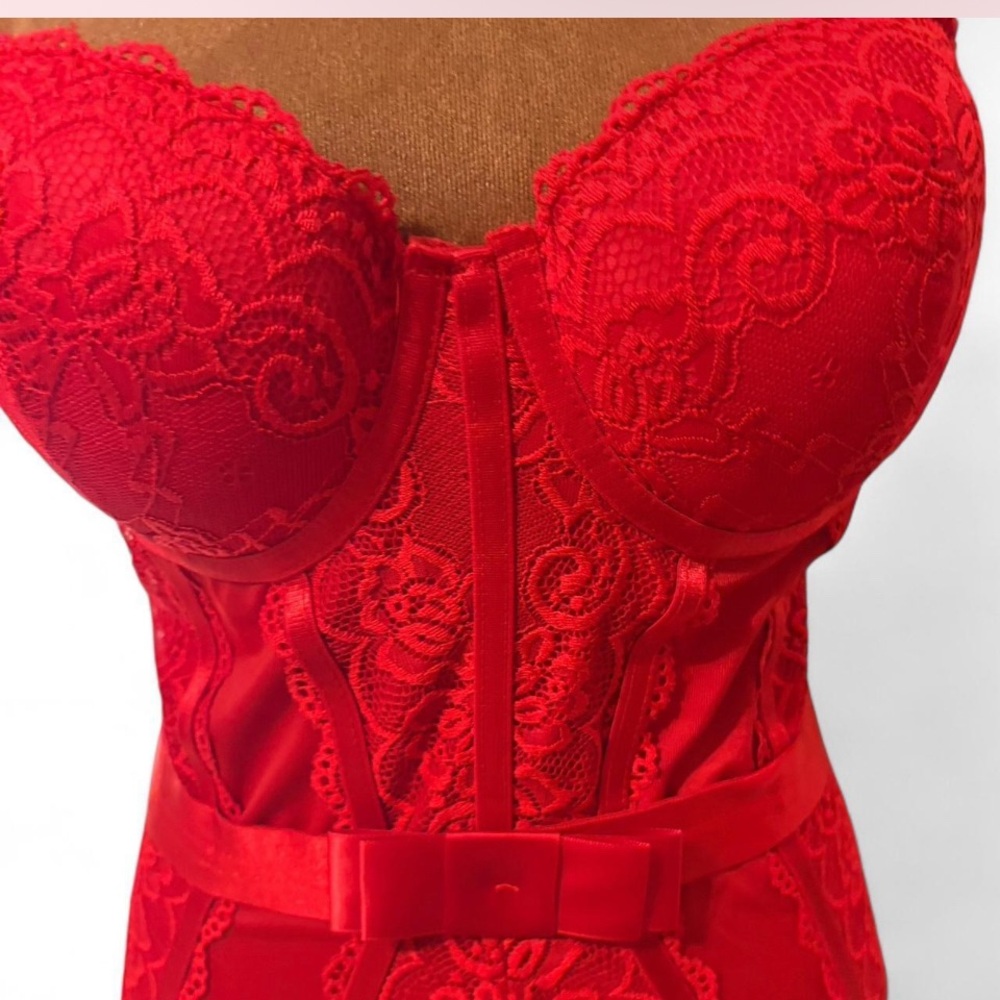 Spirit Vibrant Cherry Red Lace Bustier Body Suit Lace & Bows ❤️💋👠
